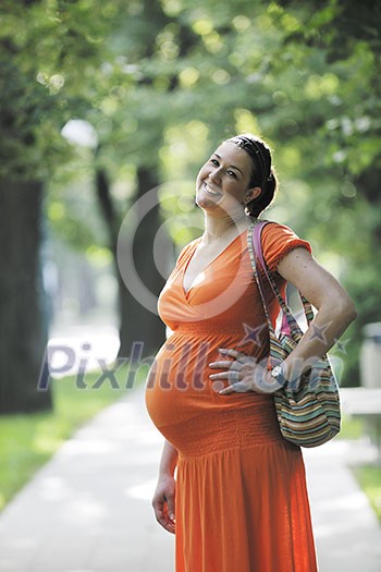 beautiful young happy pregnant woman outdoor in bright nature in orange dress beautiful young happy pregnant woman outdoor in bright nature in orange dress