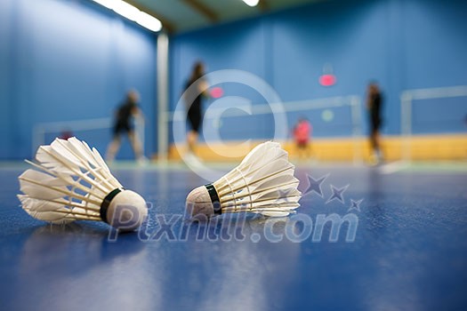 badminton - badminton courts with players competing; shuttlecocks in the foreground (shallow DOF; color toned image) badminton - badminton courts with players competing; shuttlecocks in the foreground (shallow DOF; color toned image)