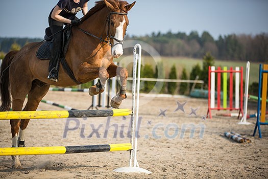 Young woman show jumping with horse Young woman show jumping with horse