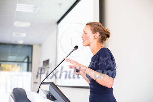 Pretty, young business woman giving a presentation in a conference/meeting setting (shallow DOF; color toned image) Pretty, young business woman giving a presentation in a conference/meeting setting (shallow DOF; color toned image)