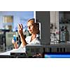 Portrait of a female researcher doing research in a lab (shallow DOF; color toned image)