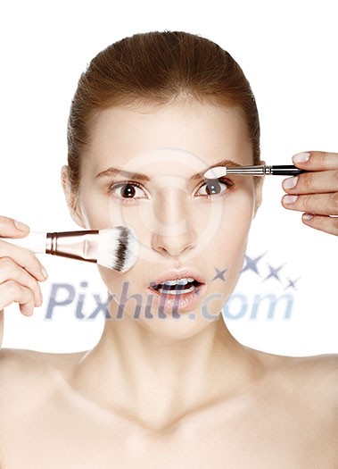 Makeup. Cosmetic. Base for perfect make-up. Beautiful woman applying make-up. Makeup. Cosmetic. Base for perfect make-up. Beautiful woman applying make-up.