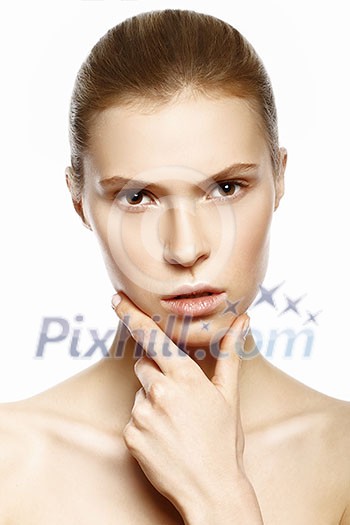 Portrait of beautiful young blond woman with clean face. High key shot. Portrait of beautiful young blond woman with clean face. High key shot.