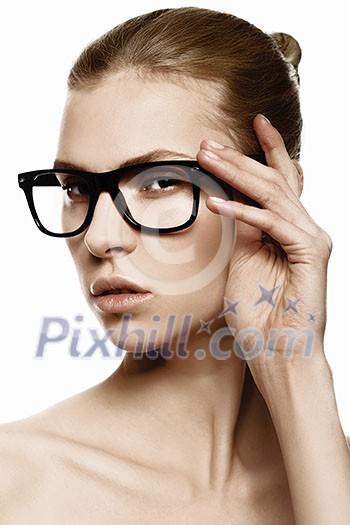 Portrait of beautiful caucasian woman in glasses. Isolated on white background. Studio shot. Beauty girl in eyewear.