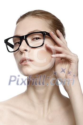 Portrait of beautiful caucasian woman in glasses. Isolated on white background. Studio shot. Beauty girl in eyewear.