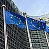 European Union flags in front of the Berlaymont building (European commission) in Brussels, Belgium.