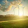 Wind generators turbines on sunset summer landscape