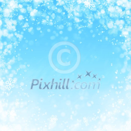 blue winter background with snow and snowflakes
