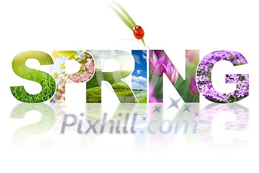 Spring word collage made of different photos isolated on white