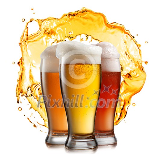 Different beer in glasses with splash isolated on white background