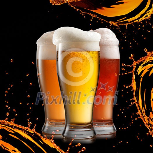 Different beer in glasses with splash isolated on black background