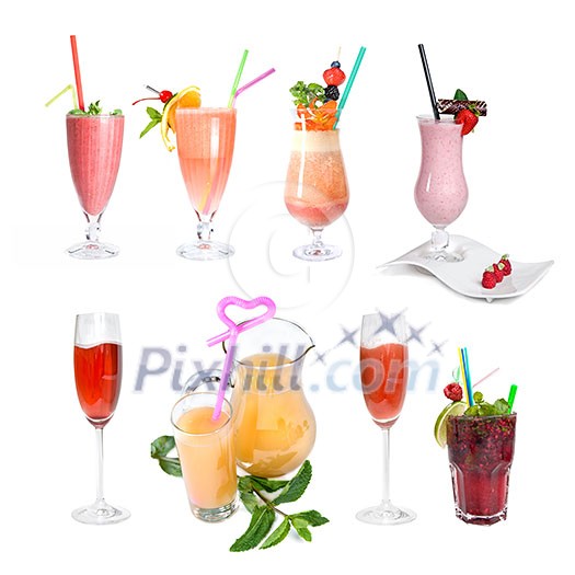 set of various cold cocktails isolated on white