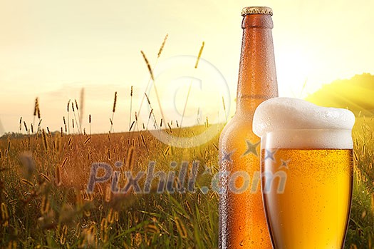 Glass of beer and bottle against wheat field and sunset