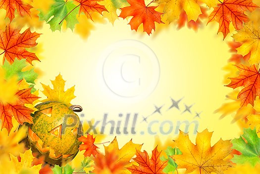 halloween pumpkin with autumn leaves isolated