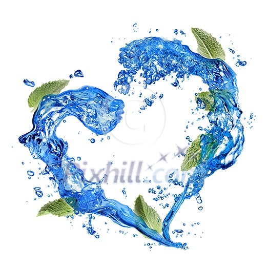 heart of water splash with green mint isolated on white heart of water splash with green mint isolated on white
