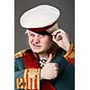 Actor dressed as Russian Generalissimo Suvorov, showing OK sign