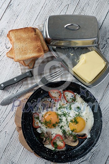Fried egg for breakfast in the countryside Fried egg for breakfast in the countryside