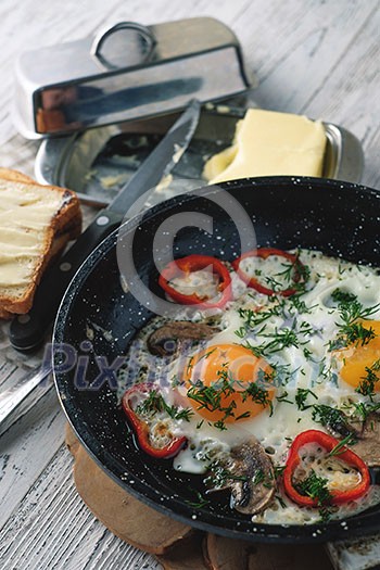 Fried egg for breakfast in the countryside Fried egg for breakfast in the countryside