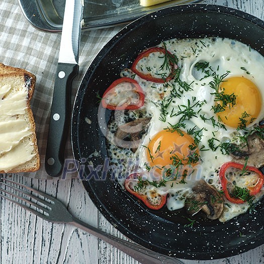 Fried egg for breakfast in the countryside