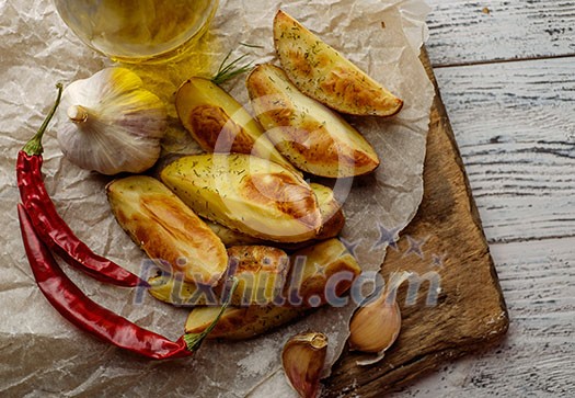 Oven-baked potatoes on a wooden table in rustic style