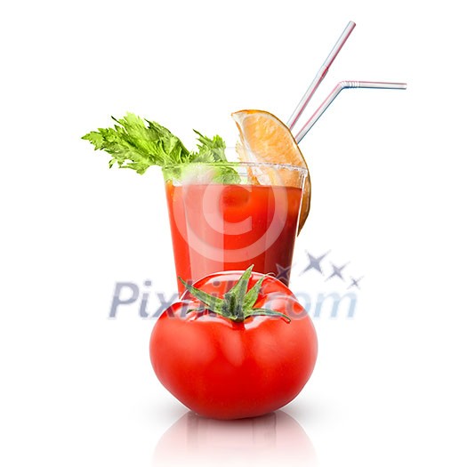 red tomato and glass of juice isolated on white