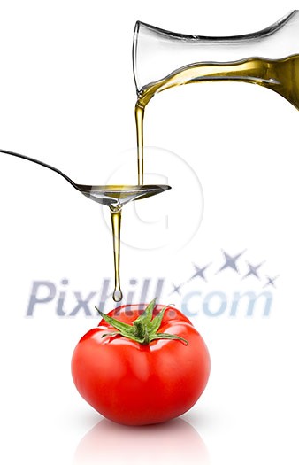 red tomato and pouring oil isolated on white