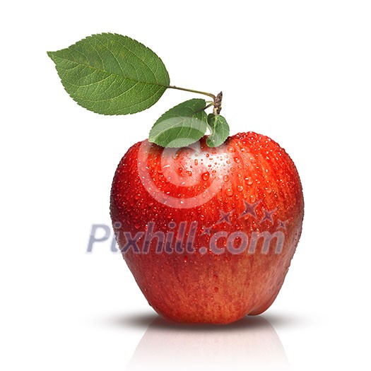 red apple with leaves and water drops isolated on white