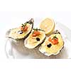 oysters with sauce and lemon on plate