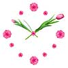 Clock made of pink tulips isolated on white