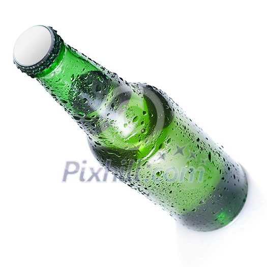 Green beer bottle with water drops isolated on white Green beer bottle with water drops isolated on white