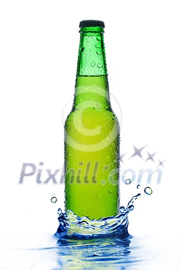 Green beer bottle with water drops and splash isolated on white Green beer bottle with water drops and splash isolated on white