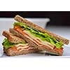 fresh sandwich close up with vegetables and meat fish isolated on white background