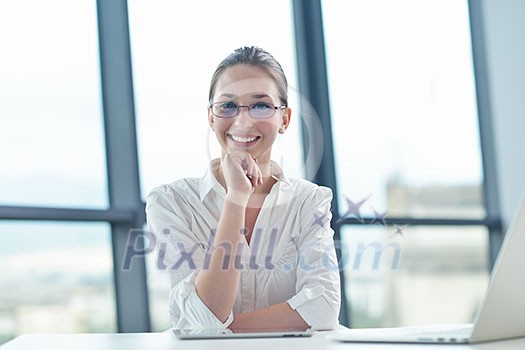portrait of Young pretty business woman work on notebook computer in the bright modern office indoors portrait of Young pretty business woman work on notebook computer in the bright modern office indoors