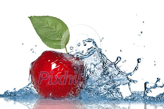 Red apple and water splash isolated on white