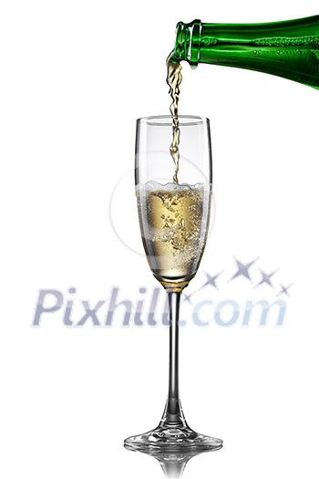 Champagne pouring into glass isolated on white Champagne pouring into glass isolated on white