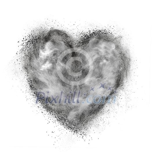 heart made of black powder explosion isolated on white background