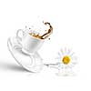 Splash of tea in the falling cup with flower isolated on white 