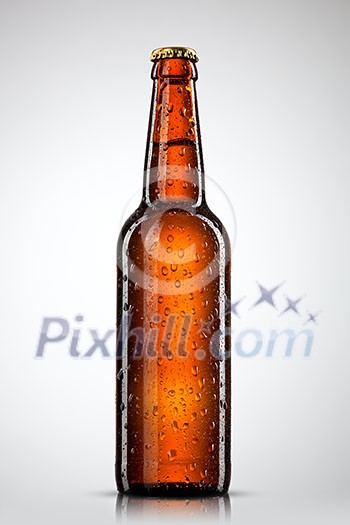 Beer bottle with water drops isolated on white