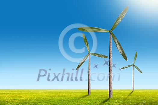 Green energy concept - natural wind generator turbines on summer landscape