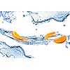 fresh water splashes and orange slices isolated on white