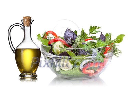 Salad and oil isolated on white