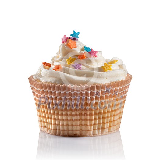 a vanilla cupcake decorated with stars on white