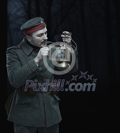 German infantryman during the first world war. Soldiers extinguished the oil lamp.