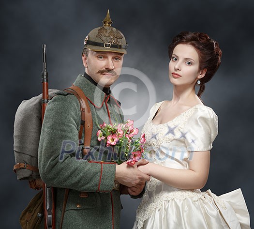 German soldiers of the First World War, with his lady. German soldiers of the First World War, with his lady.