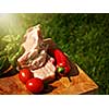 Raw pork steaks on wooden table with tomatoes, peppers and basil.