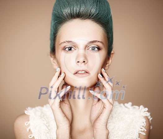 Fashion Art Portrait Of Beautiful Girl with Blue Hair. Hairstyle