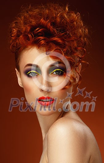Red-haired. Beautiful girl with bright makeup. Ginger. Hairstyle. Red-haired. Beautiful girl with bright makeup. Ginger. Hairstyle.