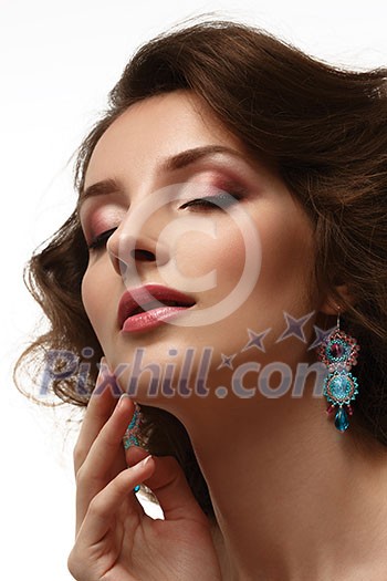 Beauty Portrait. Beautiful Woman Touching her Face. Perfect Fresh Skin. Isolated on White Background. Pure Beauty Model. Youth and Skin Care Concept Beauty Portrait. Beautiful Woman Touching her Face. Perfect Fresh Skin. Isolated on White Background. Pure Beauty Model. Youth and Skin Care Concept