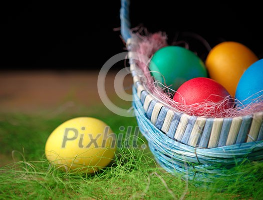 Easter eggs in the basket. Dark background.