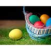 Easter eggs in the basket. Dark background.